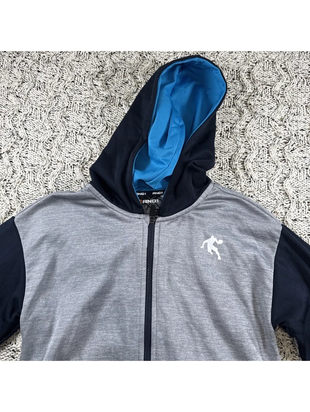 AND1 Kids Basketball Full Zip Hoodie Size L 12-14 Navy Blue Athletic Sweatshirt